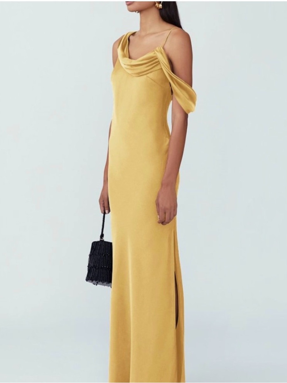Fame and Partners Mustard Yellow One-Shoulder Draped Slip Gown